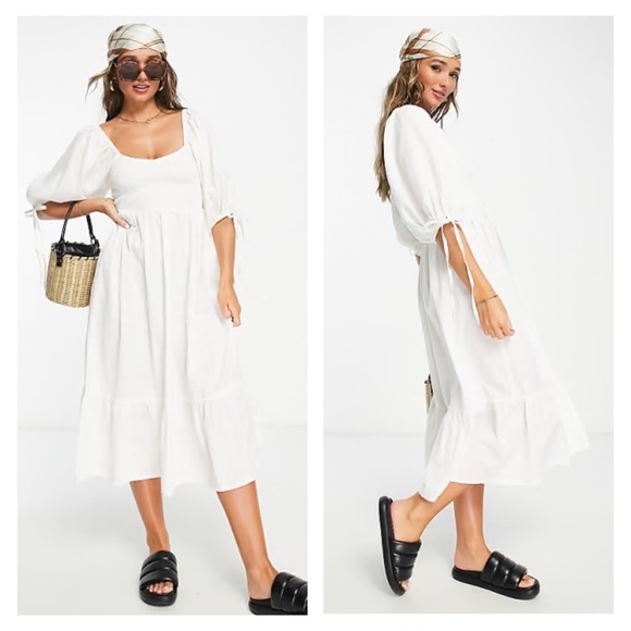 Cotton Balloon Sleeve Maxi Midi Boho Shirred Square Neckline Summer Ruffle Dress - Picture 1 of 14
